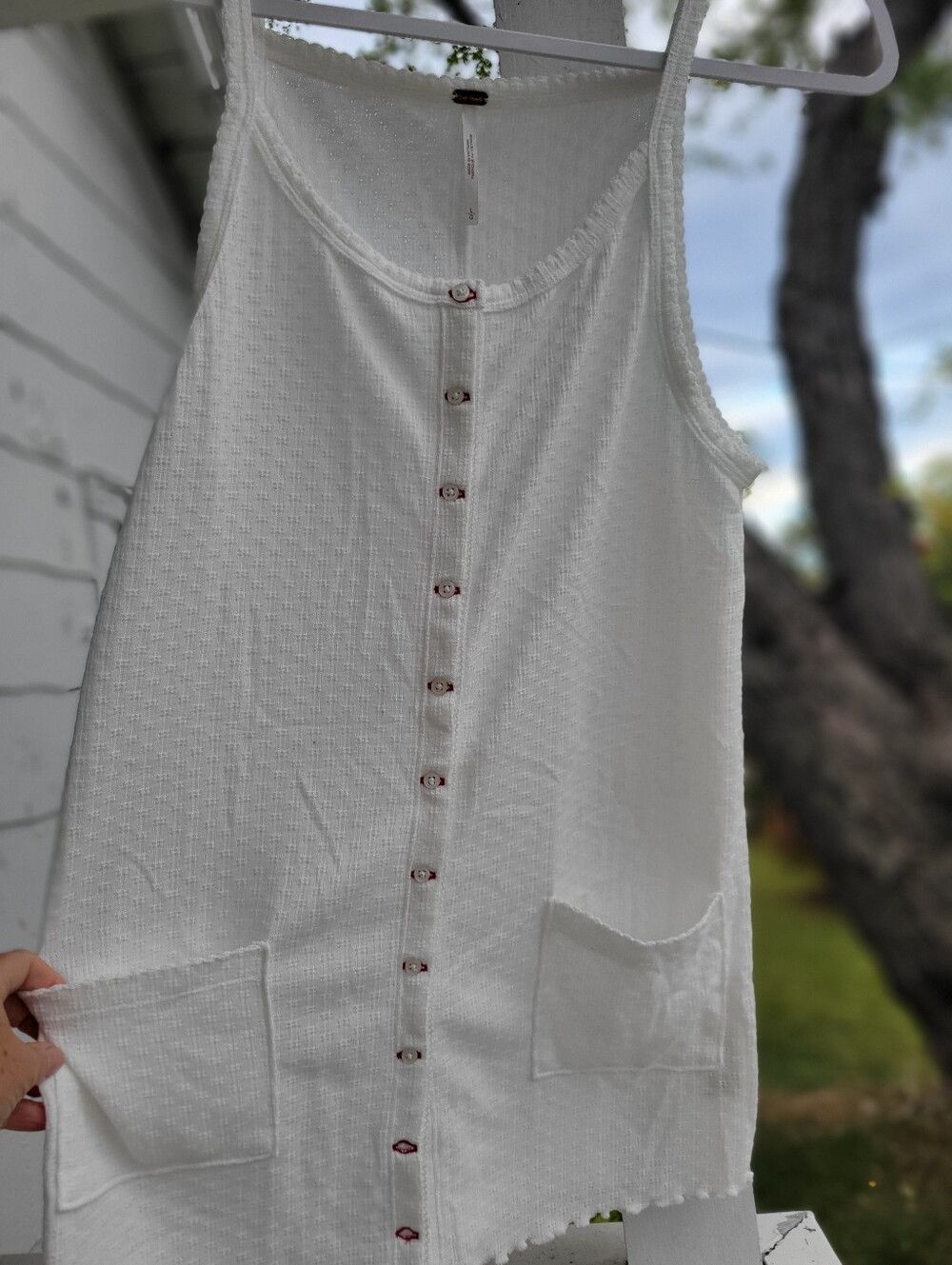 FREE PEOPLE, long Tank, Size, Large, Color- White With Red Button Trim
